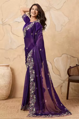 appetizing pink embroidered frendy chiffon party wear saree with blouse