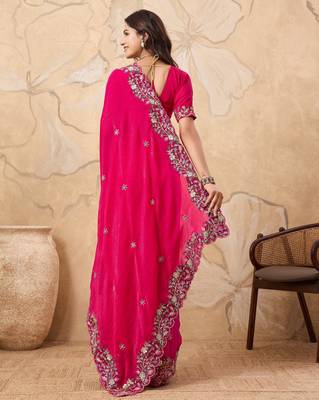 provocative teal blue embroidered frendy chiffon bridal saree with blouse 5