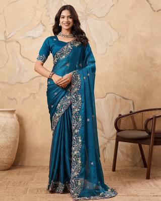 enchanting mustard embroidered frendy chiffon traditional saree with blouse 1
