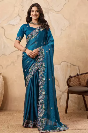 enchanting mustard embroidered frendy chiffon traditional saree with blouse