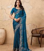 enchanting mustard embroidered frendy chiffon traditional saree with blouse