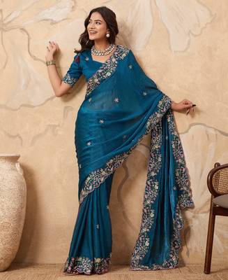 enchanting mustard embroidered frendy chiffon traditional saree with blouse 2