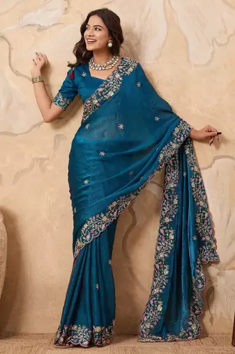 enchanting mustard embroidered frendy chiffon traditional saree with blouse