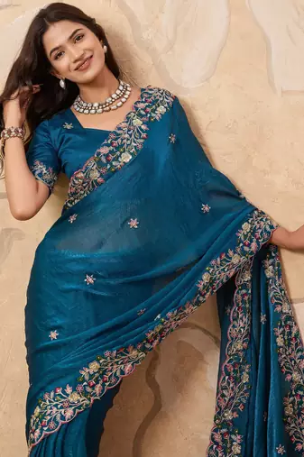 enchanting mustard embroidered frendy chiffon traditional saree with blouse