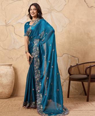 enchanting mustard embroidered frendy chiffon traditional saree with blouse 4