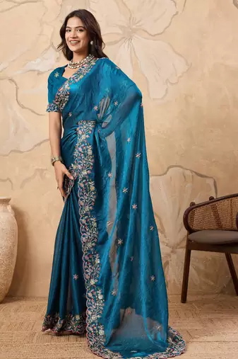 enchanting mustard embroidered frendy chiffon traditional saree with blouse