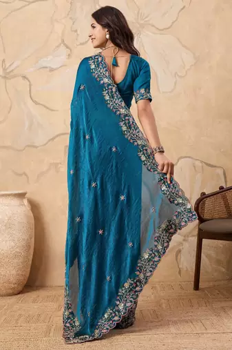 enchanting mustard embroidered frendy chiffon traditional saree with blouse