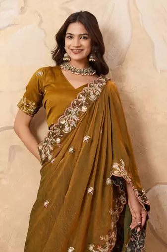 mesmerizing pink embroidered frendy chiffon wedding saree with blouse