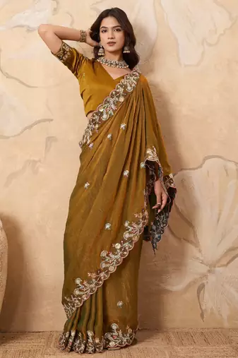 mesmerizing pink embroidered frendy chiffon wedding saree with blouse