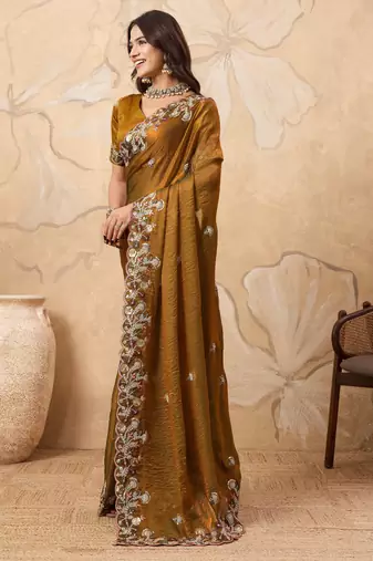 mesmerizing pink embroidered frendy chiffon wedding saree with blouse
