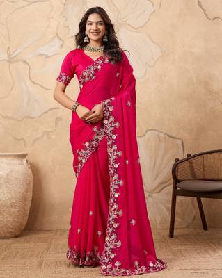 catching yellow embroidered frendy chiffon party wear saree with blouse 1