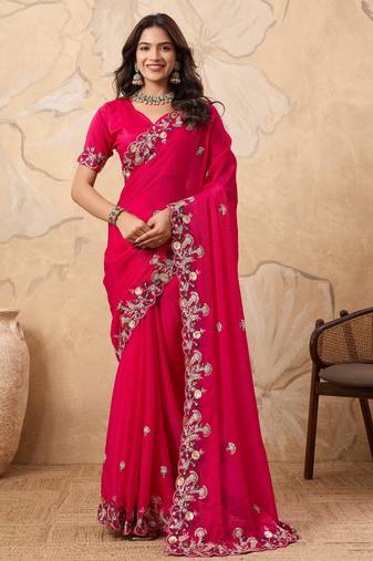 catching yellow embroidered frendy chiffon party wear saree with blouse