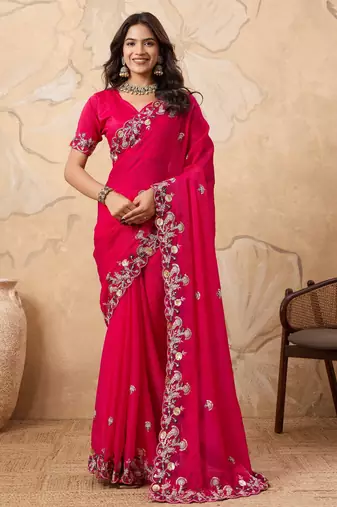 catching yellow embroidered frendy chiffon party wear saree with blouse