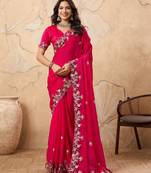 catching yellow embroidered frendy chiffon party wear saree with blouse