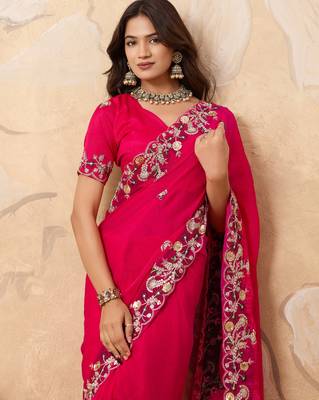 catching yellow embroidered frendy chiffon party wear saree with blouse 2