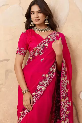 catching yellow embroidered frendy chiffon party wear saree with blouse