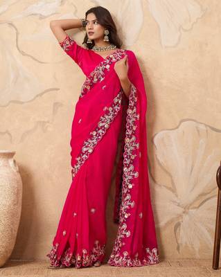 catching yellow embroidered frendy chiffon party wear saree with blouse 3