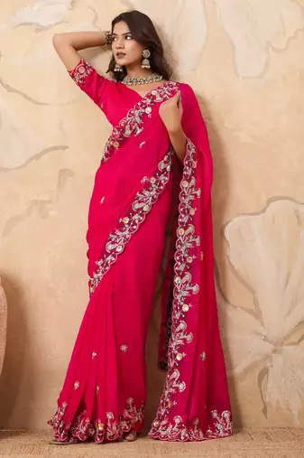 catching yellow embroidered frendy chiffon party wear saree with blouse