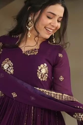 Faux Blooming Heavy Embroidered Gown with Sequins Work & Matching Dupatta | Purple | Party & Festive Wear