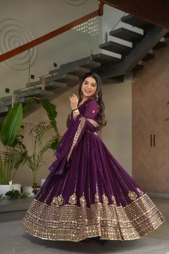 Faux Blooming Heavy Embroidered Gown with Sequins Work & Matching Dupatta | Purple | Party & Festive Wear