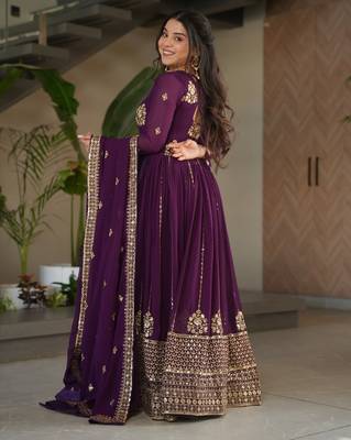 Faux Blooming Heavy Embroidered Gown with Sequins Work & Matching Dupatta | Purple | Party & Festive Wear 4