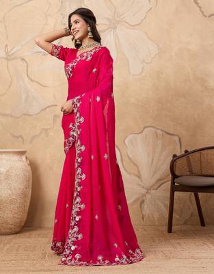 catching yellow embroidered frendy chiffon party wear saree with blouse 4