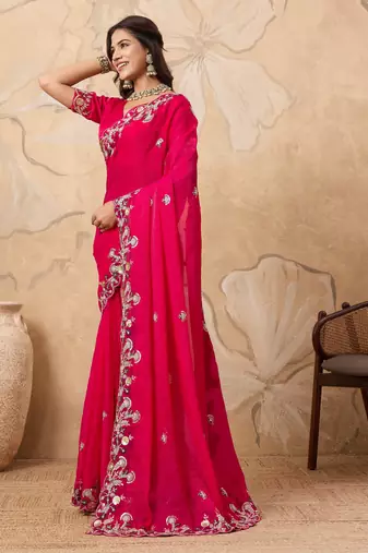 catching yellow embroidered frendy chiffon party wear saree with blouse