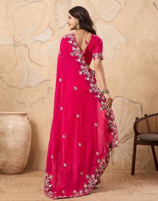 catching yellow embroidered frendy chiffon party wear saree with blouse 5