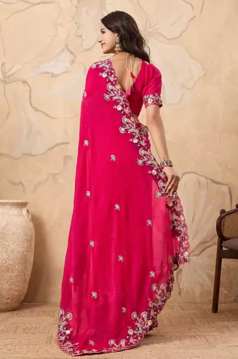 catching yellow embroidered frendy chiffon party wear saree with blouse