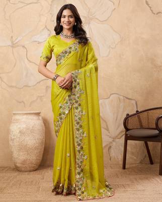 delightful rama green embroidered frendy chiffon bridal saree with blouse 1