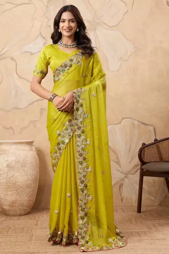 delightful rama green embroidered frendy chiffon bridal saree with blouse