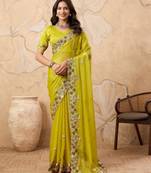 delightful rama green embroidered frendy chiffon bridal saree with blouse