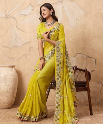 delightful rama green embroidered frendy chiffon bridal saree with blouse 2