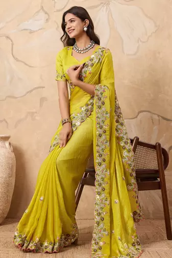delightful rama green embroidered frendy chiffon bridal saree with blouse