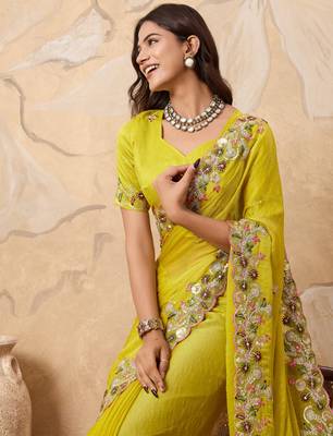 delightful rama green embroidered frendy chiffon bridal saree with blouse 3