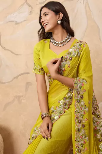 delightful rama green embroidered frendy chiffon bridal saree with blouse