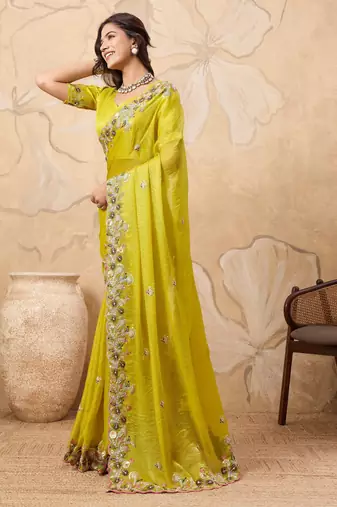 delightful rama green embroidered frendy chiffon bridal saree with blouse