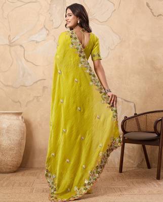delightful rama green embroidered frendy chiffon bridal saree with blouse 5