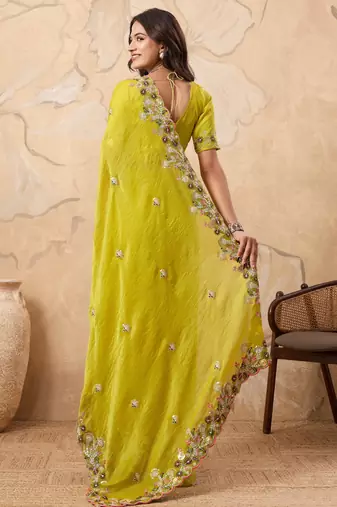 delightful rama green embroidered frendy chiffon bridal saree with blouse