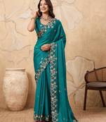 bewitching peach embroidered frendy chiffon traditional saree with blouse