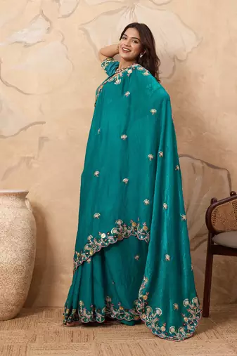 bewitching peach embroidered frendy chiffon traditional saree with blouse