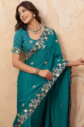 bewitching peach embroidered frendy chiffon traditional saree with blouse