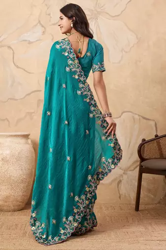 bewitching peach embroidered frendy chiffon traditional saree with blouse