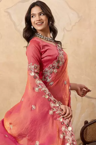 bewitching peach frendy chiffon traditional saree