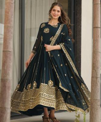 Faux Blooming Sequins Embroidered Festive Gown with Matching Dupatta | Rama Color | Party Wear 1