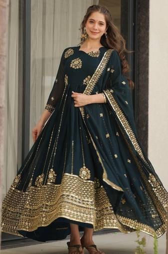 Faux Blooming Sequins Embroidered Festive Gown with Matching Dupatta | Rama Color | Party Wear