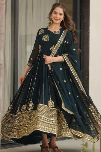Faux Blooming Sequins Embroidered Festive Gown with Matching Dupatta | Rama Color | Party Wear