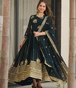 Faux Blooming Sequins Embroidered Festive Gown with Matching Dupatta | Rama Color | Party Wear