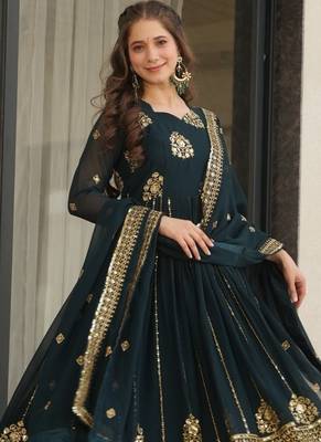 Faux Blooming Sequins Embroidered Festive Gown with Matching Dupatta | Rama Color | Party Wear 2