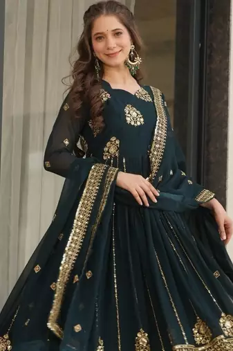 Faux Blooming Sequins Embroidered Festive Gown with Matching Dupatta | Rama Color | Party Wear